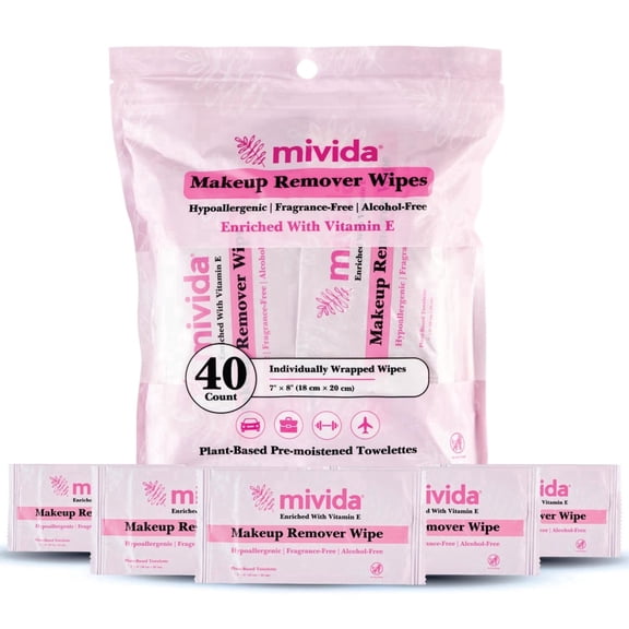 mivida Hypoallergenic Individually Wrapped Makeup Remover Wipes with Vitamin E, Fragrance-Free, 40 Count