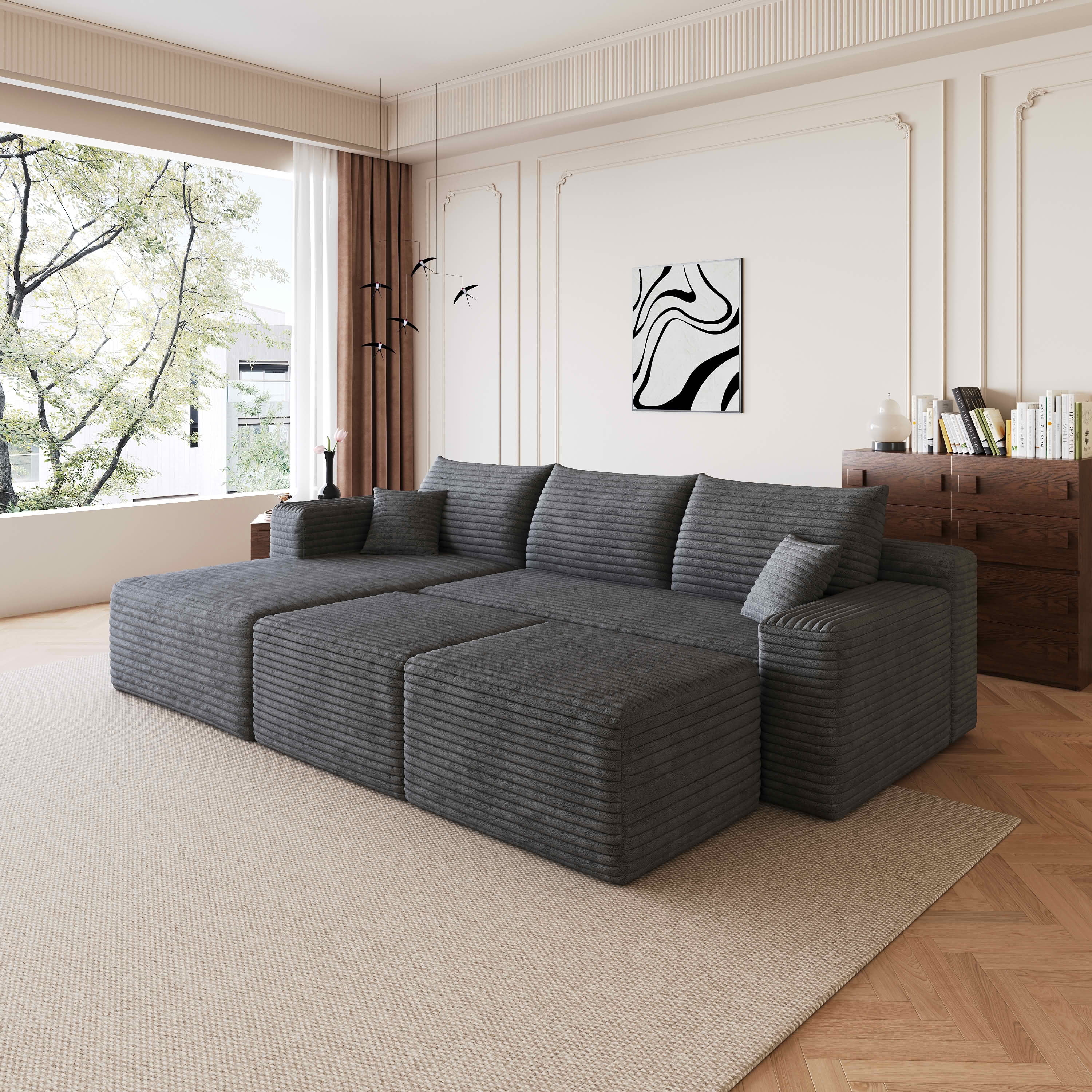 MAYEERTY 95" Cloud Sectional Sofa with 2 Ottomans, U-Shaped Corduroy Deep Seat Couch, No Assembly for Living Room, Dark Gray