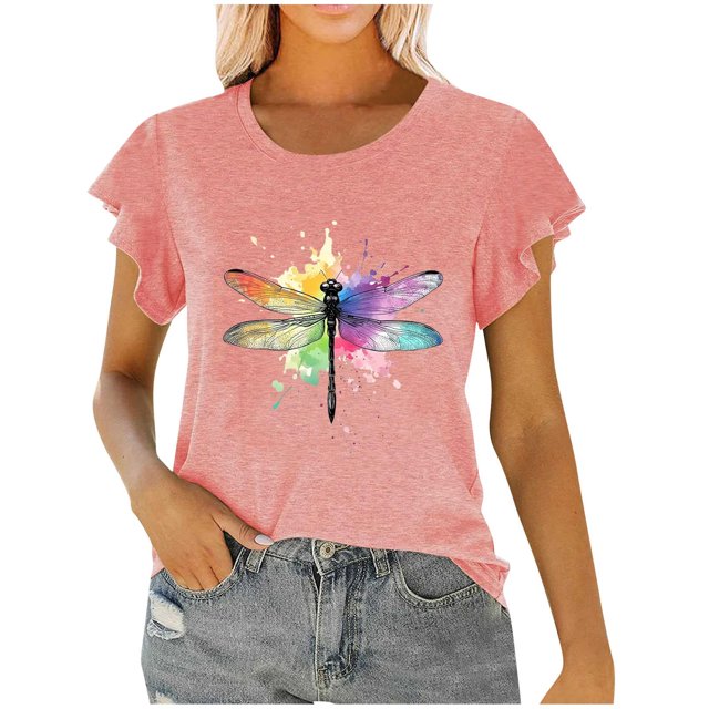 Womens Fashion Print Short Sleeve Out Blouse Funny Round Neck T-Shirt