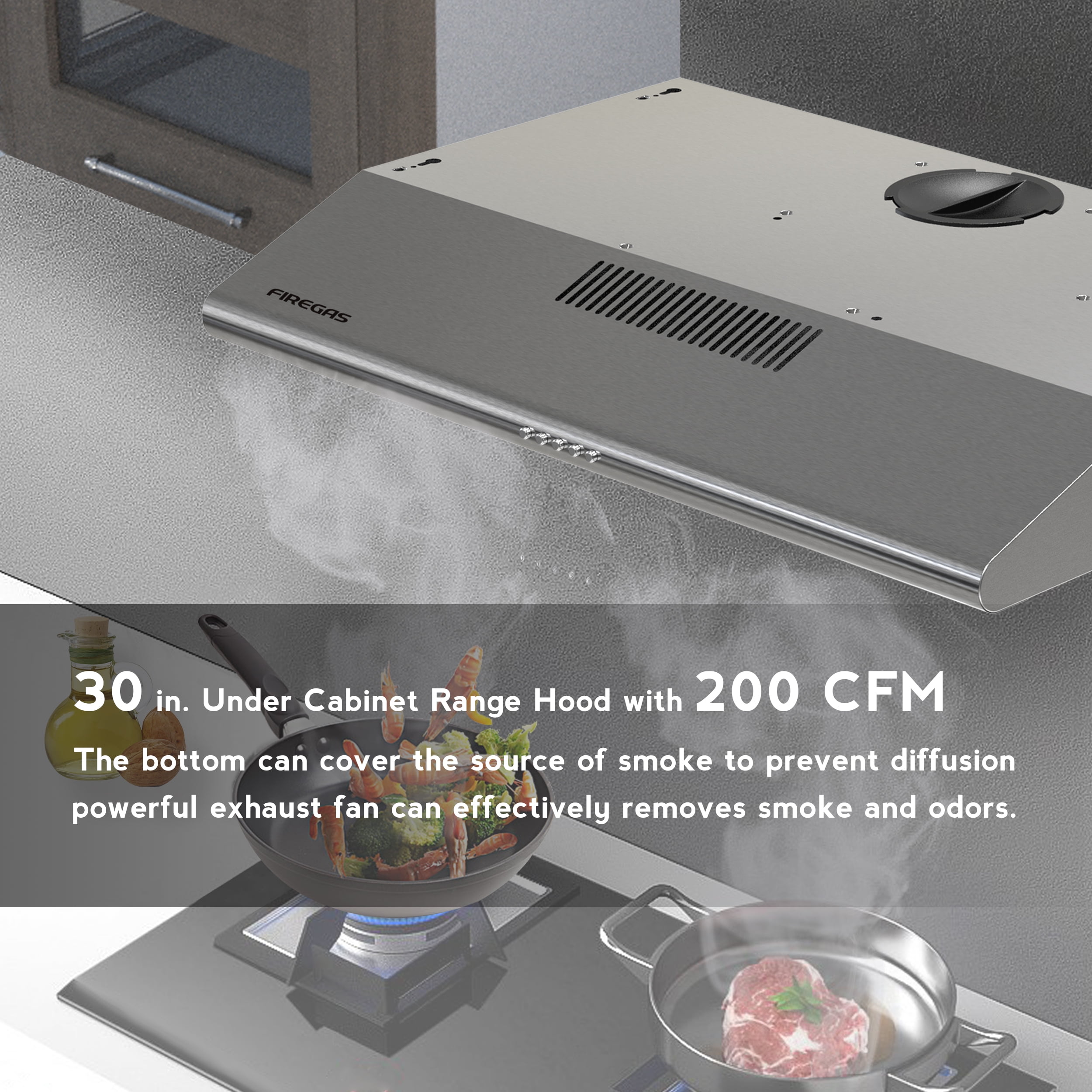 FIREGAS 30 inch Under Cabinet Range Hood with Ducted / Ductless Convertible Slim Kitchen over Stove Vent, 3 Speed Exhaust Fan, Reusable Filter, LED Lights in Stainless Steel