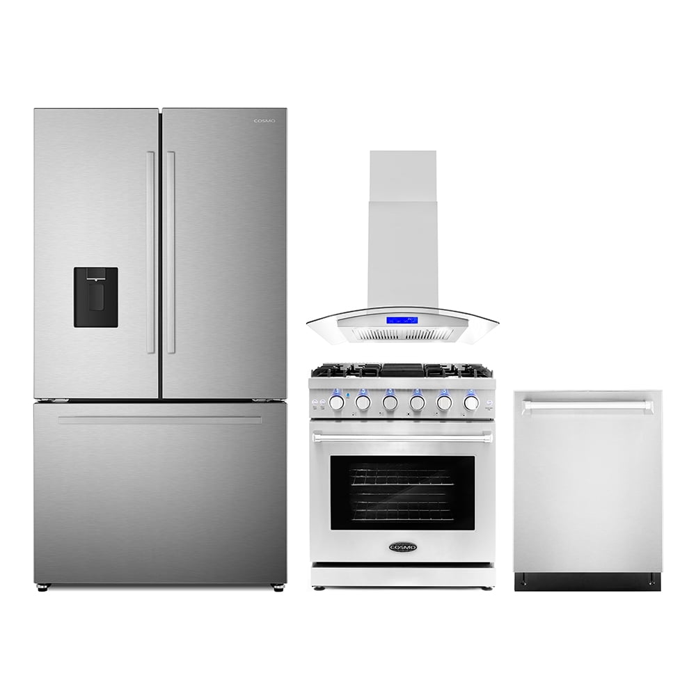 4 Piece Kitchen Package with 30" Freestanding Gas Range 30" Island Mount Range Hood 24" Built-in Fully Integrated Dishwasher & French Door Refrigerator