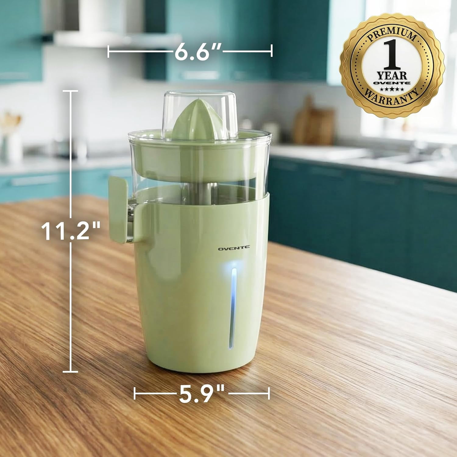 OVENTE Electric Citrus Juicer Machine, 40 Watts, 17 oz, Green JE44G | With Self-Reversing Cones, Pulp Control, and Easy Pour Spout, Juice Squeezer for Orange, Lemon, Lime, or Grapefruit