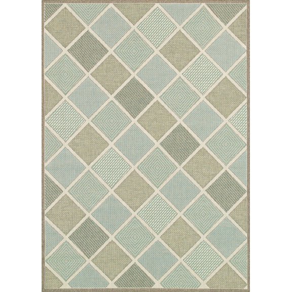 5.25' x 7.5' Beige and Green Geometric Rectangular Outdoor Area Throw Rug