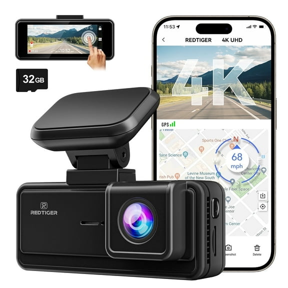 REDTIGER 4K Car Dash Cam, 3.18'' Touch Screen Dash Cam Front, 5GHz Wifi App Control, 2160P UHD Dash Camera for Cars with Night Vision, Built-in GPS, Loop Rcording, Free 32GB Card, Vehicle, Black