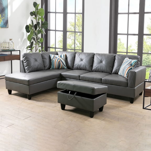 Dark grey faux leather living room sectional sofa, apartment lounge sofa and L-shaped sofa