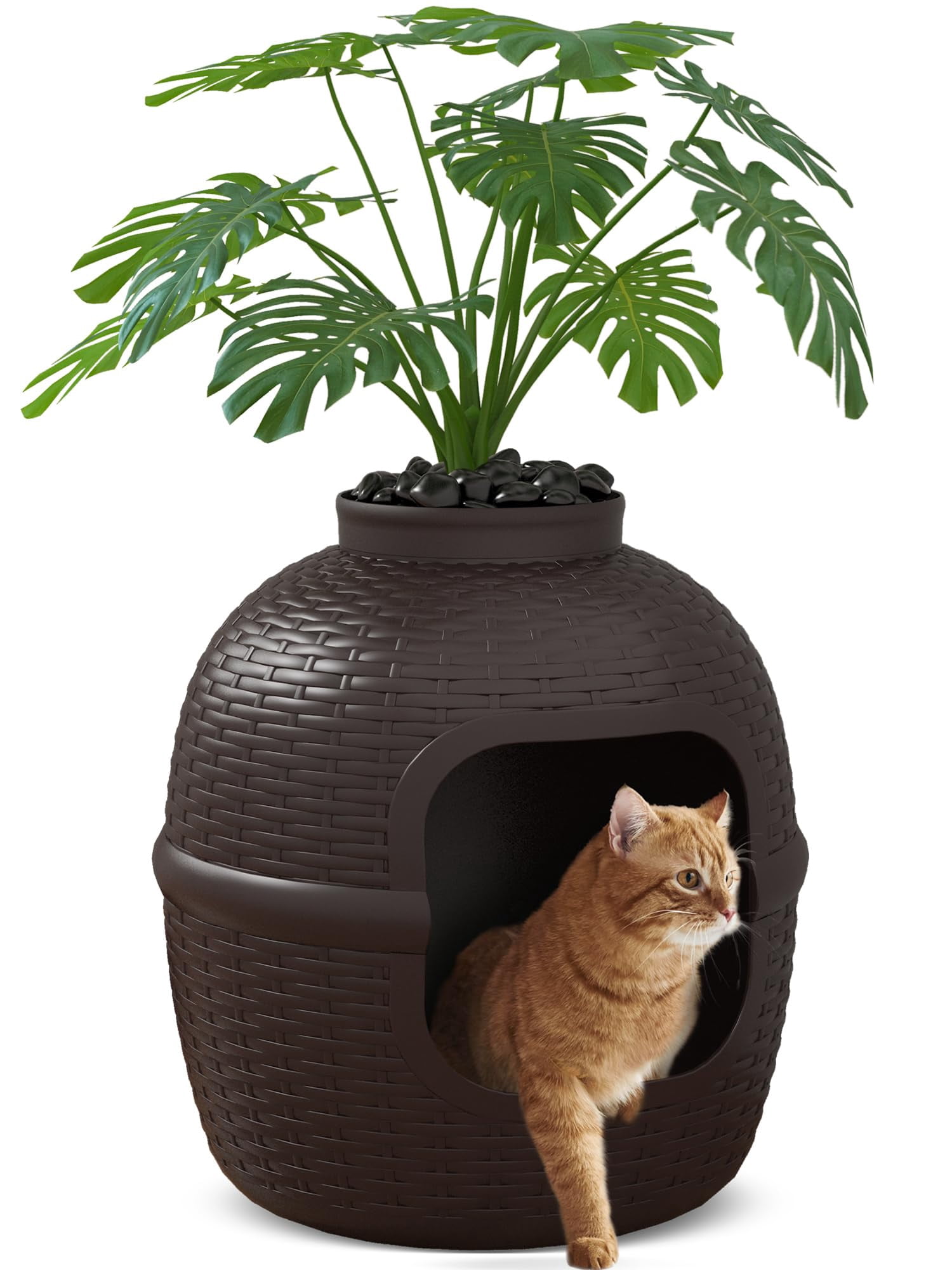 Hidden Litter Box with Faux Plant, Cat Litter Box Furniture with Rattan Pattern for Large Cat, Carbon Filter, Easy Assemble & Clean, Brown