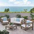 thumbnail image 2 of GDF Studio Keith Outdoor Acacia Wood 4 Seater Loveseat Chat Set, Gray and White, 2 of 13