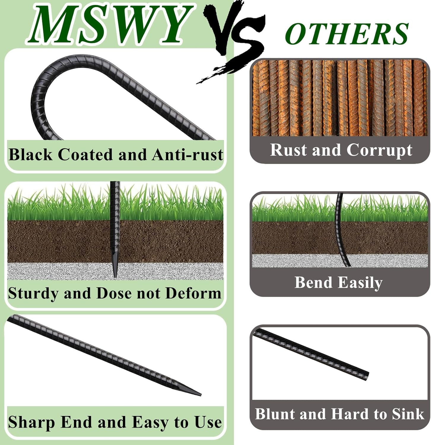 26 Pack 16 Inch Heavy Duty Rebar Stakes J Hook Tent Anchors with Chisel Point End Galvanized Steel Ground Spikes Black Coated for Camping Fence Trampoline