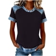 thumbnail image 3 of Craaazy Women's Solid Color Waffle Knit Crewneck Short Sleeve Denim Prints Trim Blouse Loose Fit Casual Top Gifts, 3 of 5