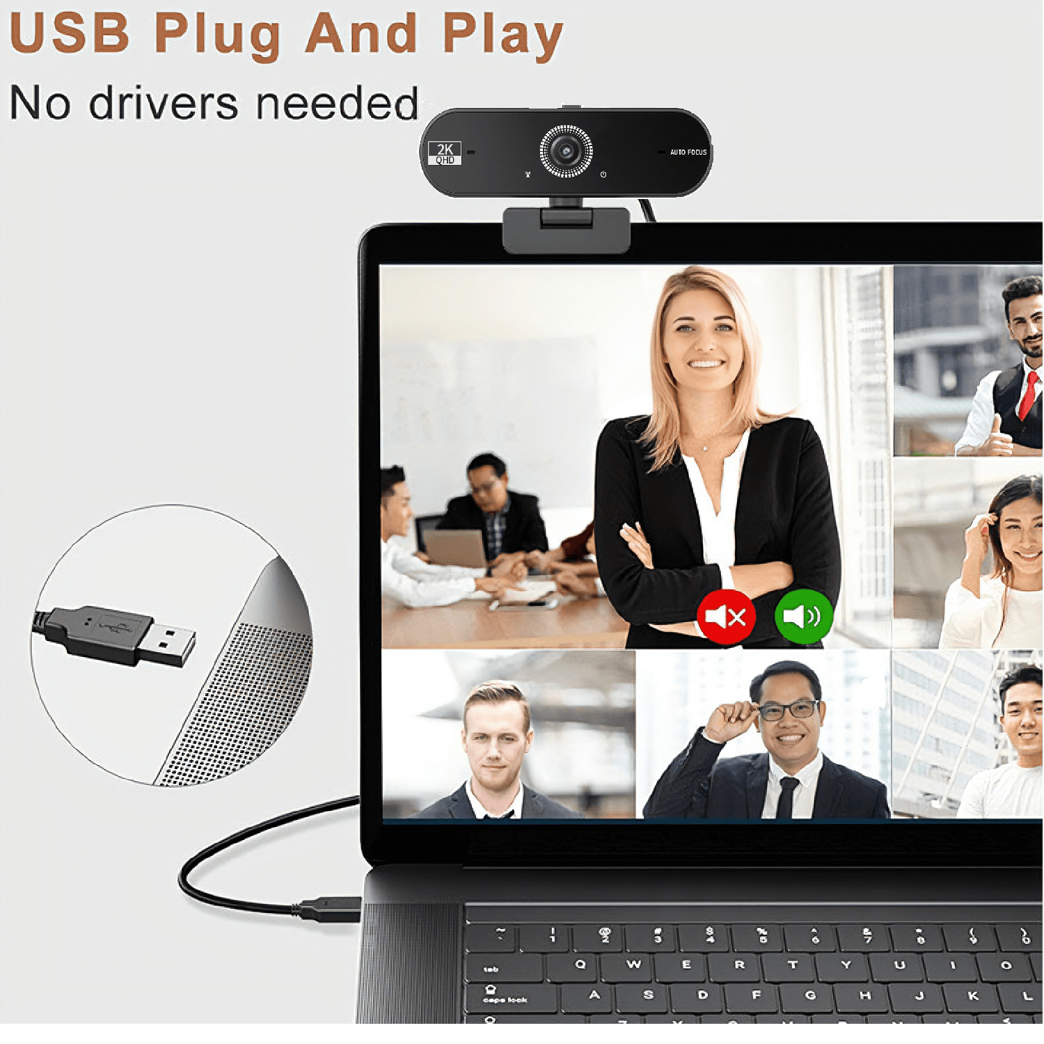 JETO 2K QHD USB Webcam with Autofocus & Privacy Cover, Built-in Mic, 360° Rotatable Clip, Plug and Play, PC/Mac/Laptop/Desktop Compatible