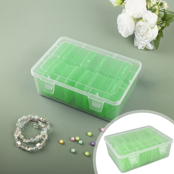 Clearance 14-Grid Bead Storage Organizer Case - Transparent Plastic Craft Container with Hinged Lid for Jewelry and Supplies (Green, 16.5x12.7cm)