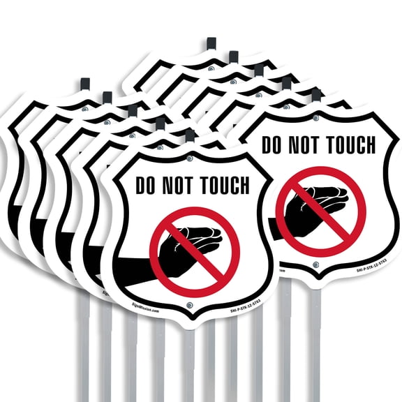 Do Not Touch (10 Pack) 12 inch X 12 inch Shield Shaped Rust-Free Aluminum Metal Signs with Aluminum Mounting Stakes Weather Resistant Made in the USA
