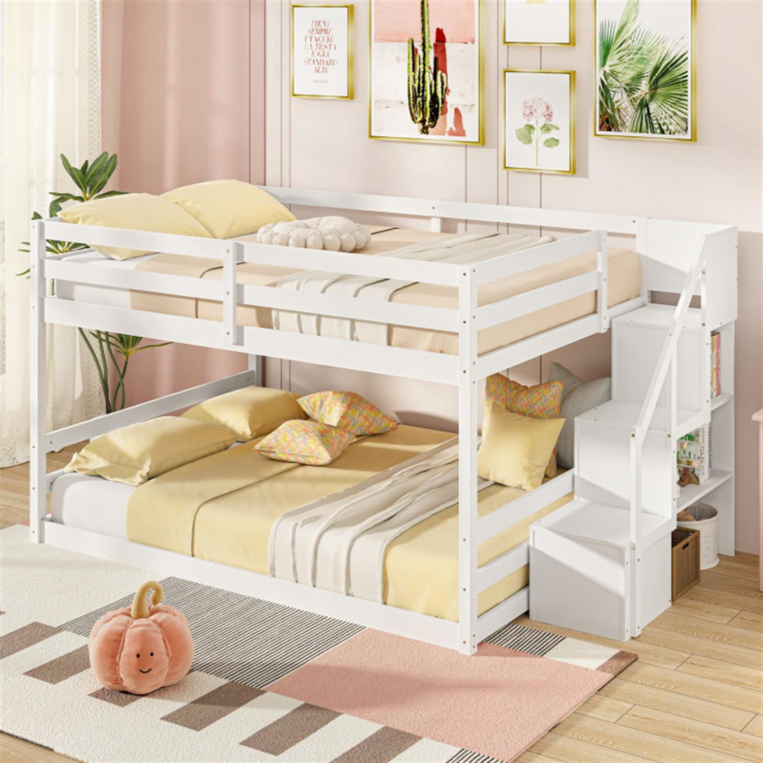Demi Bonn Full Over Full Bunk Bed with Safety Rail and Storage Stairs, Space-saving Solid Wood Bed Frame, White