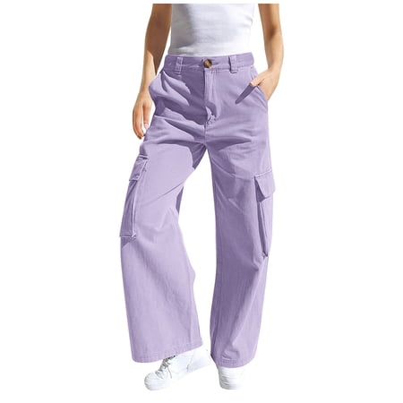 TEAJOPSUU Boys Girls Cargo Pants High Waisted Wide Leg Hiking Pants with Multi-Pocket Kids Teens Buttoned Loose Casual Trendy Workout Pants Purple