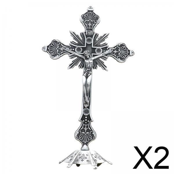 Crucifijo de pie,Crucifijo de pie católico para altar,estatua del hogar,Crucifijo pequeño de metal con soporte para mesa,Figuras coleccionables de decoración del hogar con cruz de