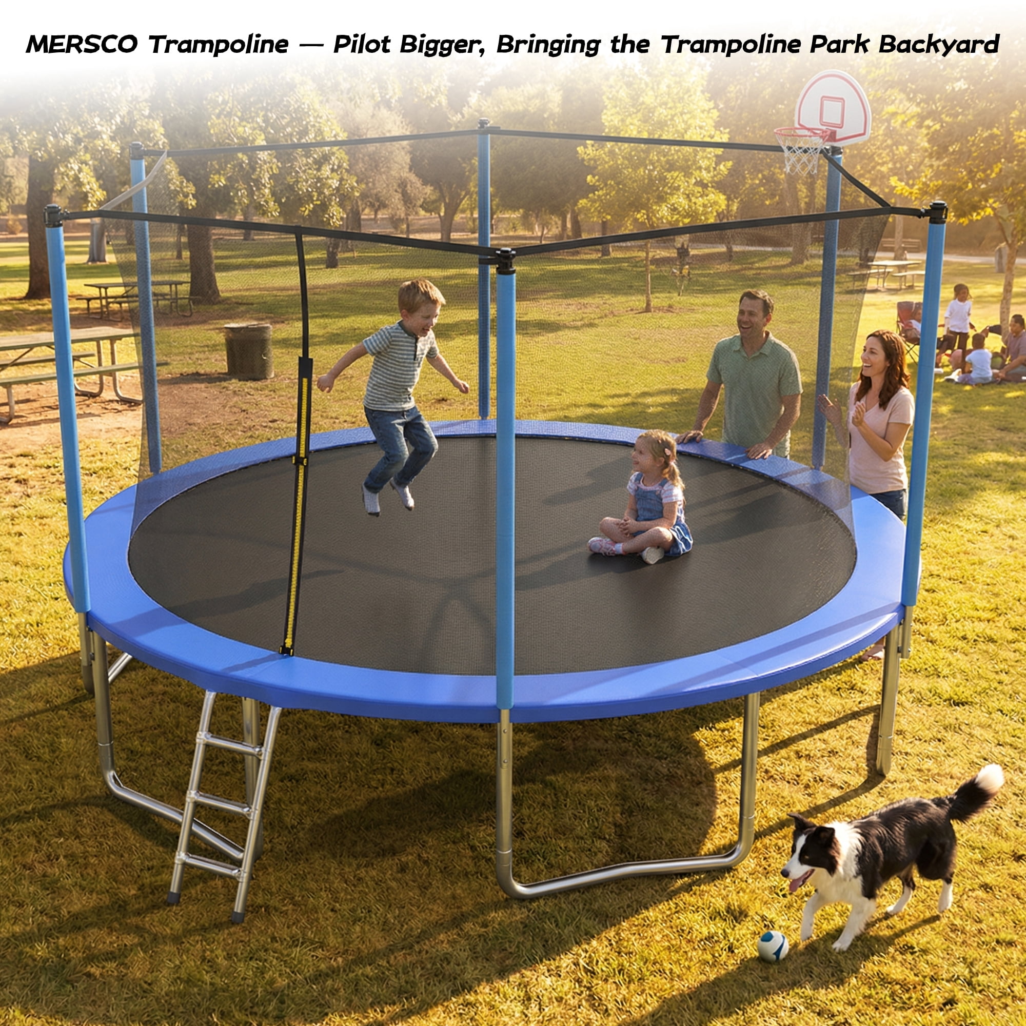 Mersco 14ft Heavy Duty Trampoline PLAY for Kids and Adult,Outdoor with Safety Enclosure Net, Basketball Hoop,Ladder,Jumping Trampoline for Boys and Girls Birthday Gifts, Big Backyard Trampoline, Blue