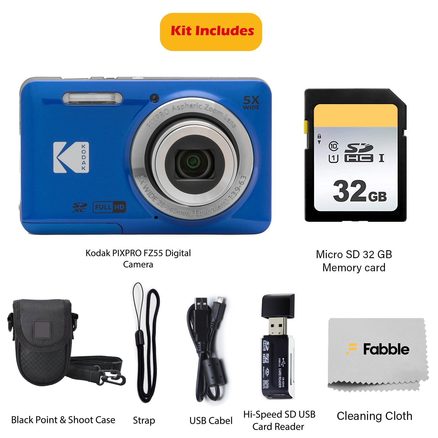KODAK PIXPRO FZ55 16MP Digital Point & Shoot Camera, 5X Optical Zoom, 28mm Wide Angle, 1080P Full HD Video, Bundle with 32GB SD Card, Protective Case, and Hi-Speed Card Reader (Blue)