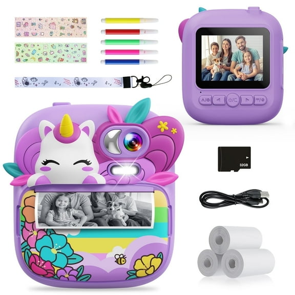 Instant Print Camara 1080p Hd Portable Kids Camera With Print Paper & 32GB Card For 7-10 Year Old Boys Girls Toys And Video-Purple