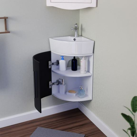 Myrtle Corner Wall Mount Bathroom Vanity Sink Dark Oak Cabinet Sink White Grade A Vitreous China 16.5" W w/Chrome Faucet Drain and Overflow Renovators Supply