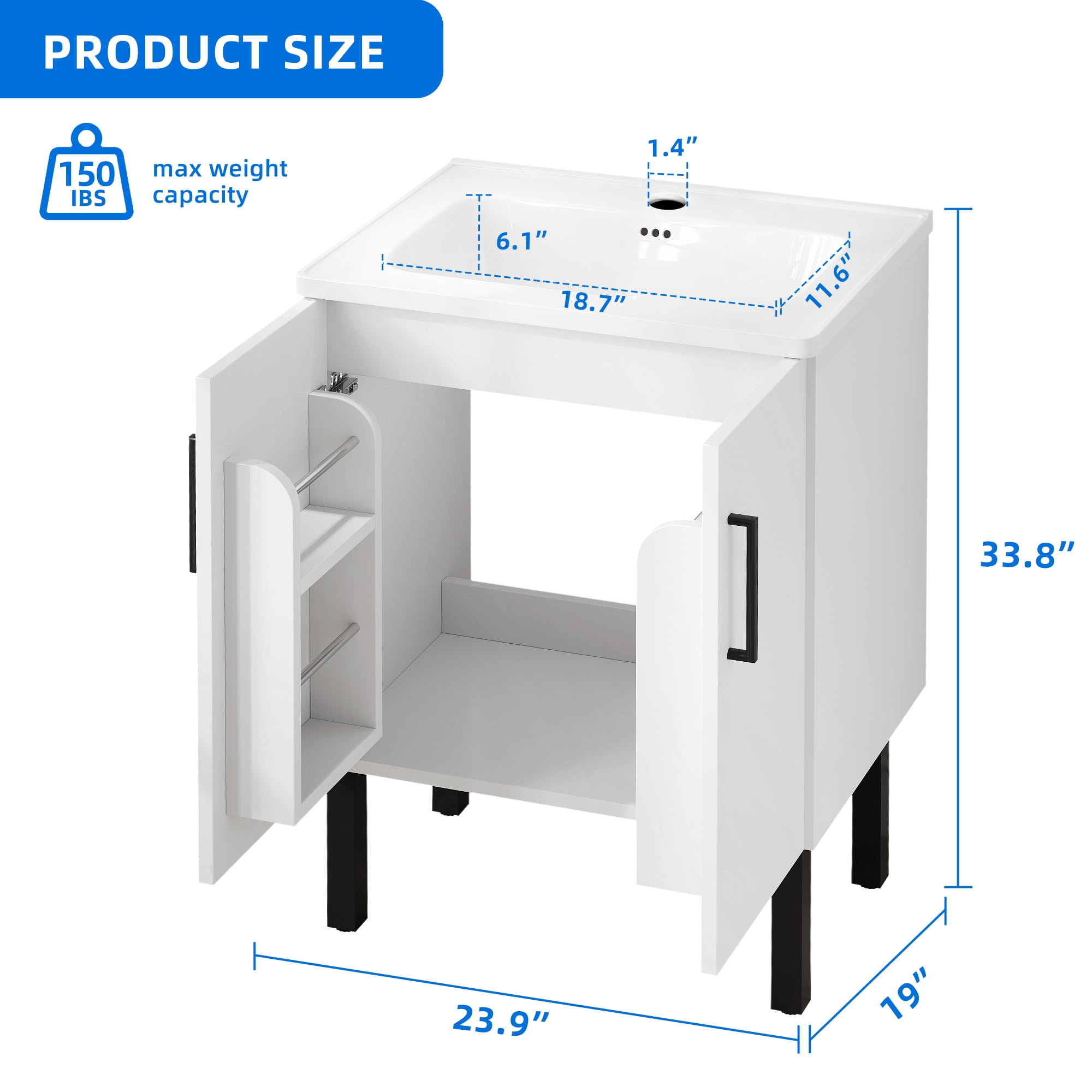 Uforic 24 Inch Bathroom Vanity with Sink Top, Free Standing Bathroom Storage Cabinet with Under-mount Sink, White