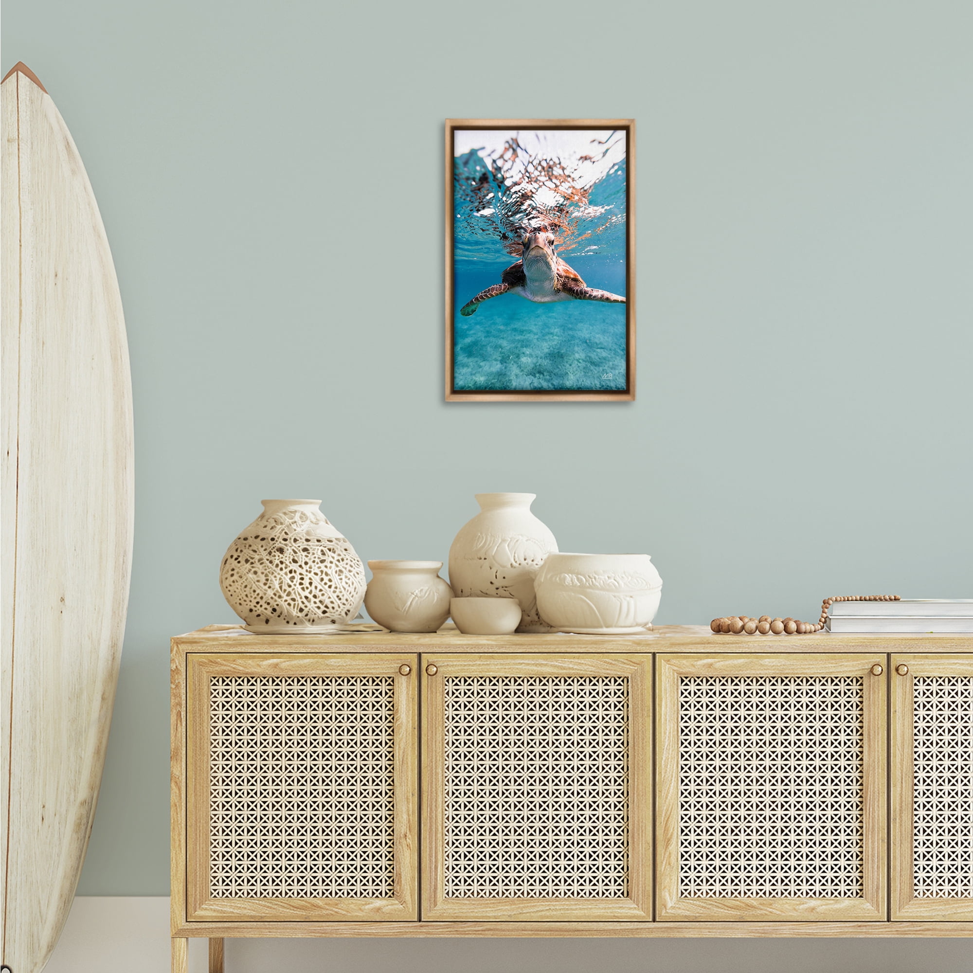 Stupell Industries Hello Sea Turtle Splash Animals Photography Brown Floater Framed Canvas Art Print Wall Art, 17 x 25