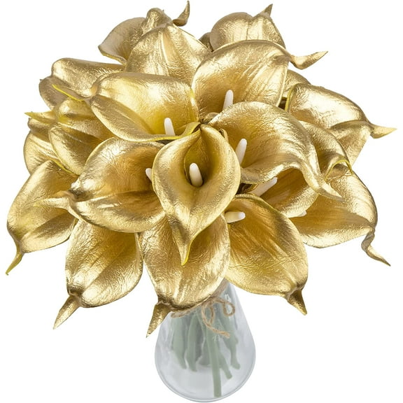 10pcs Fake Calla Lily Flowers Real Touch Latex Artificial Calla Lilies Flowers for Home Wedding Bouquet Baby Shower Centerpieces Party Decor (Gold)