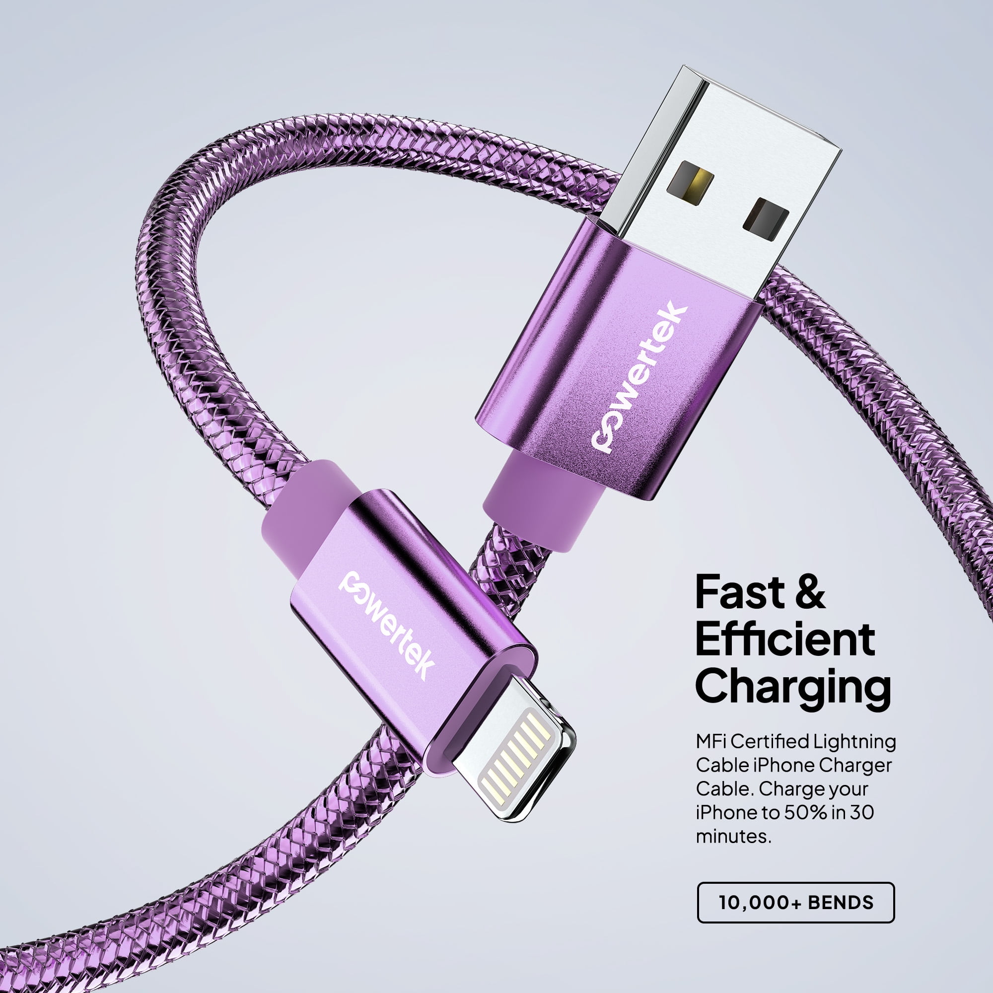 Powertek Luxe 6ft USB-A to Lightning Cable, Purple, Fast Charge & Sync, Metallic Mesh PVC Jacket, Durable Tangle-Free Design