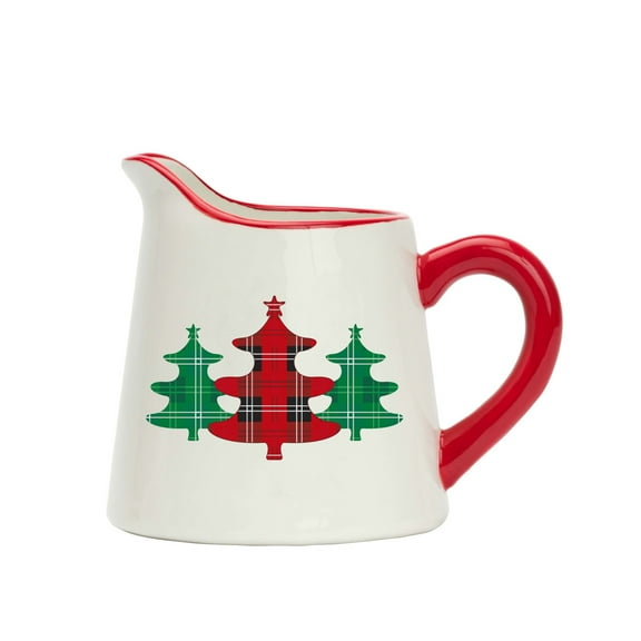 Amici Home Christmas Creamer Pitcher - 8oz Ceramic Milk Creamer for Coffee, Gravy Boat with Drip-Free Pour Spout, Versatile Small Pitcher for Maple Syrup, Sauce, Plaid Xmas Tree Motif Vintage Creamer