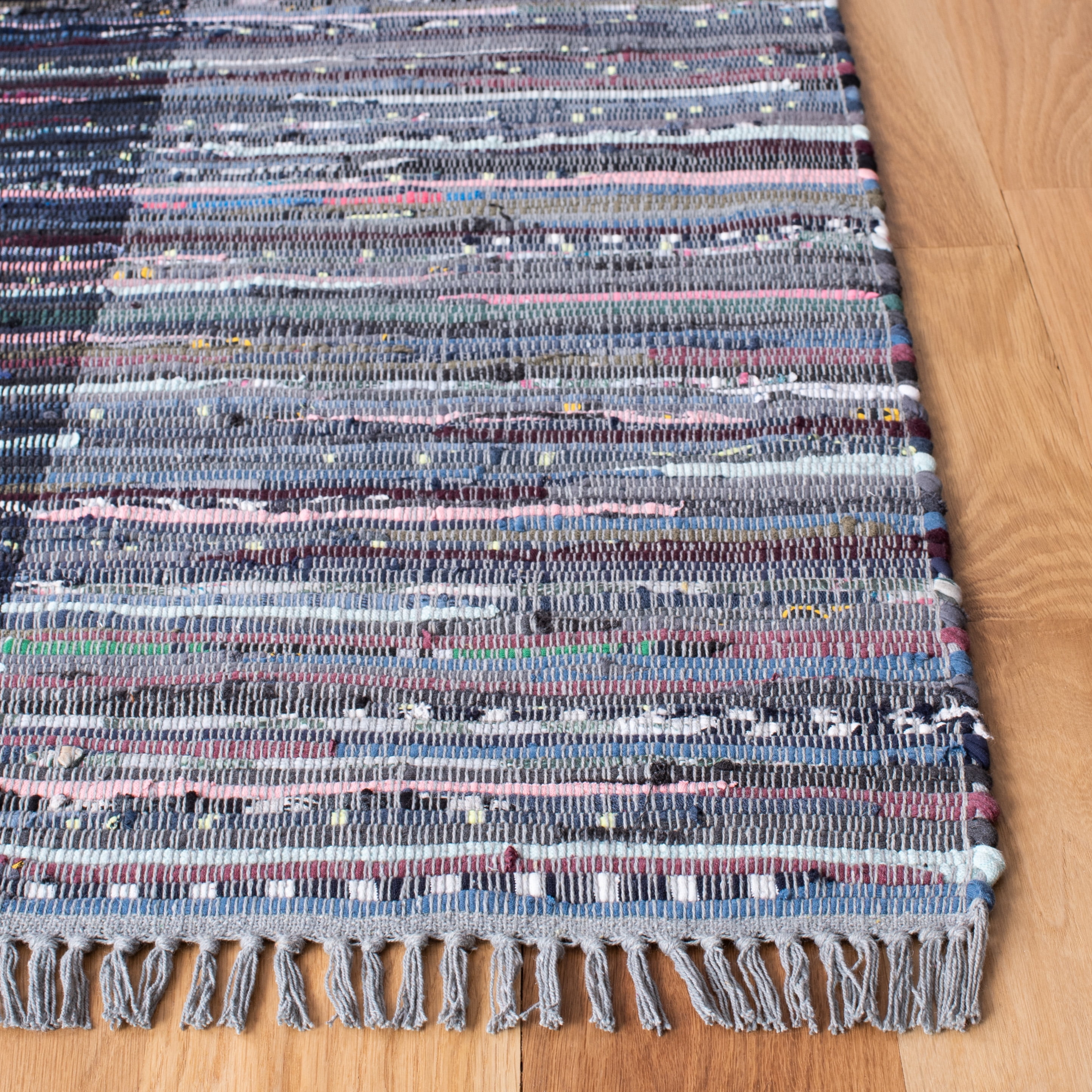 SAFAVIEH Rag Romeo Striped Fringe Cotton Area Rug, Grey/Black, 4' x 6'