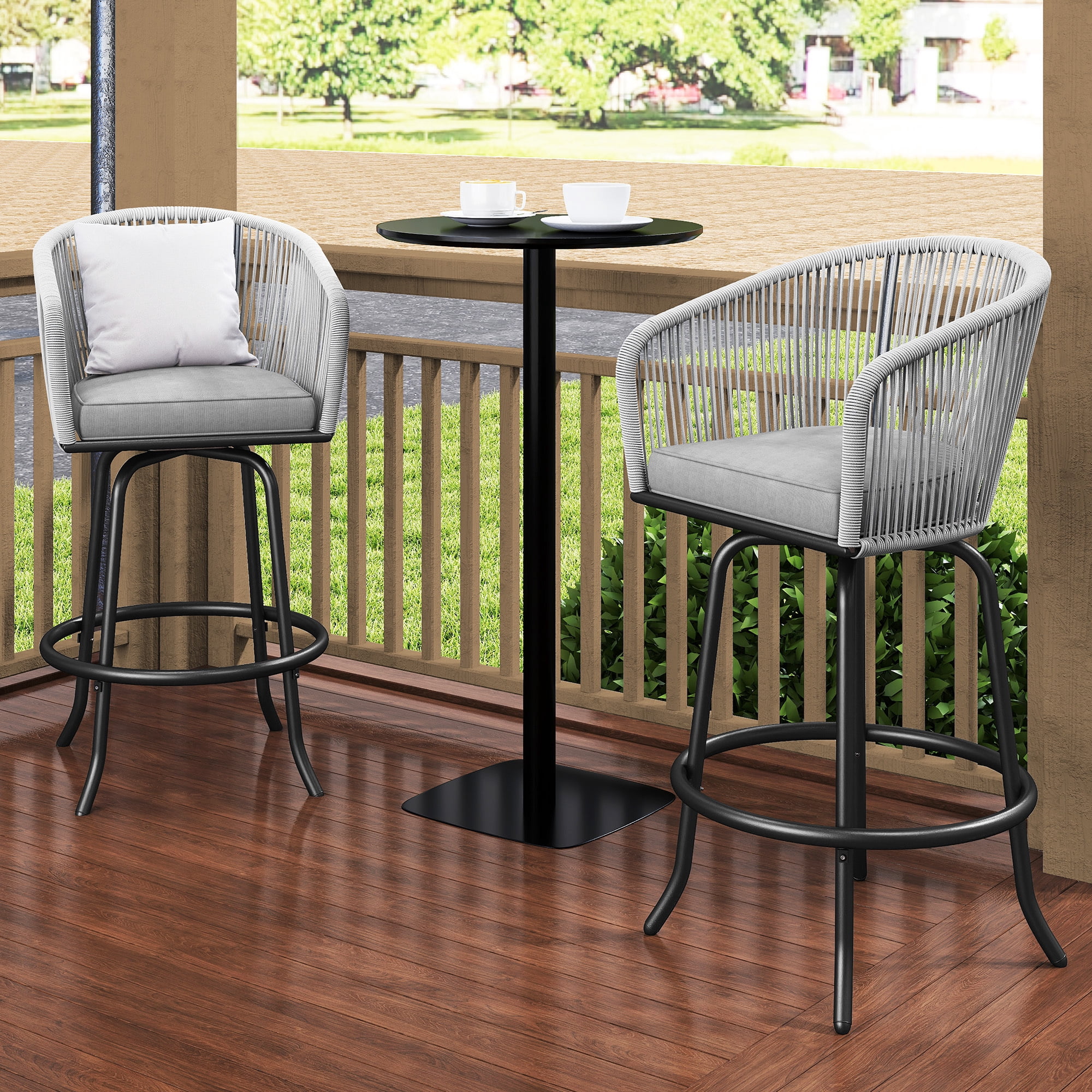 Uforic Patio Bar Stools Set of 2, Counter Height Swivel Bar Stools with Cushions, Outdoor Rattan Chairs for Backyard, Balcony, Deck, Lawn and Indoor Use, Gray