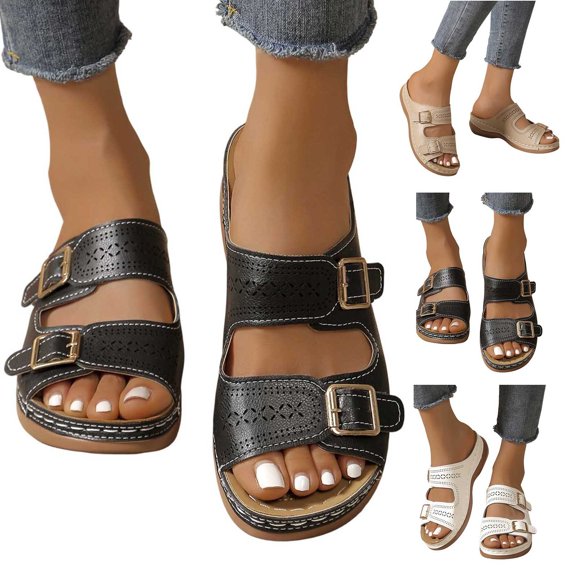 Miluxas Women's Double Buckle Comfort Slides - Platform Open-Toe Sandals, Slip-On Footwear for All-Day Wear & Casual Use White 9.5(43)