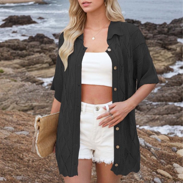 JMKQLZ Mode Décontractée pour Hommes Cardigan à Col Rabattu Boutonné Manches Courtes Pull Tricoté