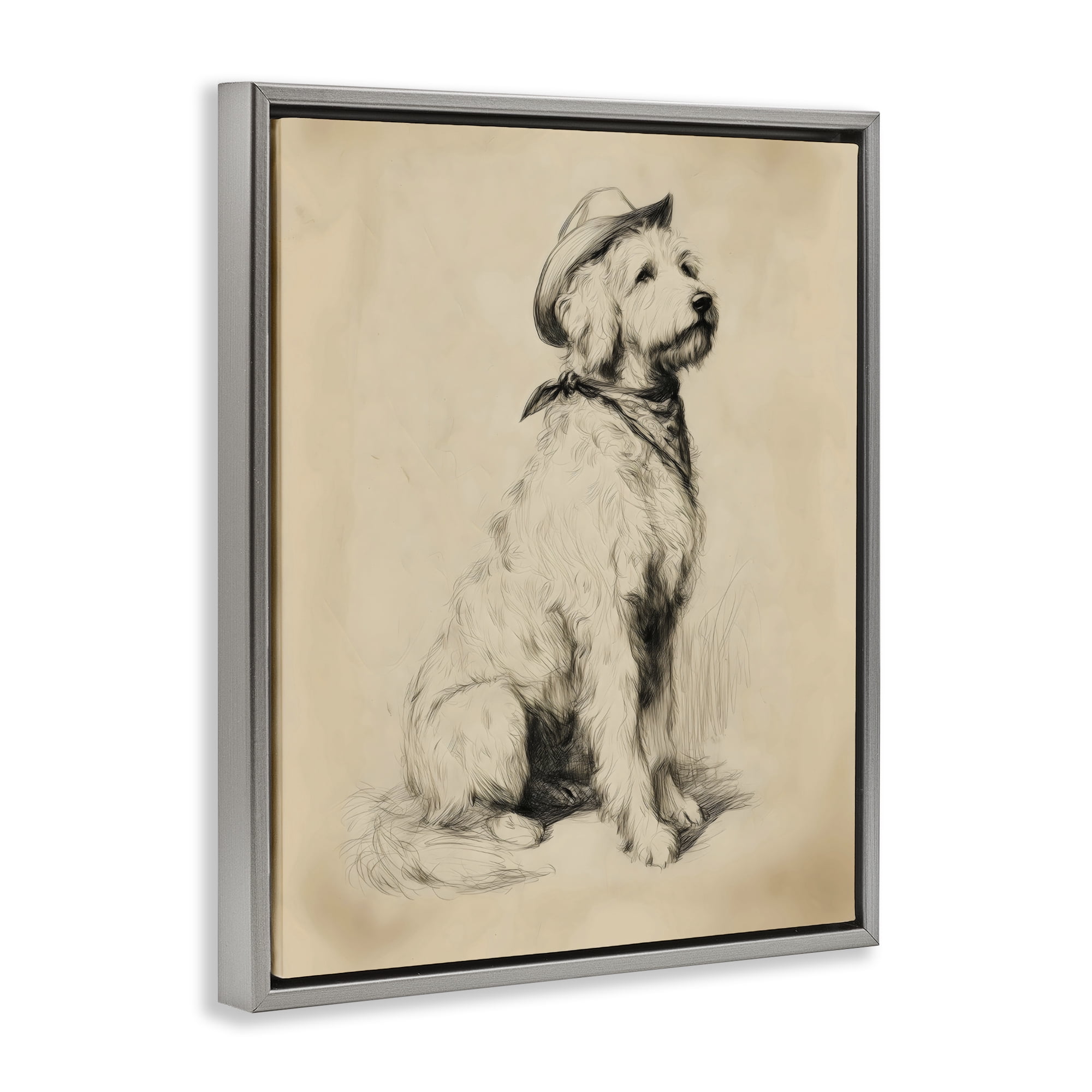 Stupell Industries Cowboy Goldendoodle Sketch Gray Framed Floater Canvas Wall Art, design by Arlington Prints
