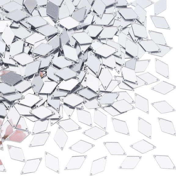 300pcs Sew on Mirrors Silver Acrylic Mirror Rhombus Mirror DIY Mirrored Rhinestones 2 Hole Mirror Piece Loose Bead Links for DIY Making
