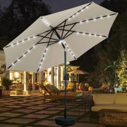 Autlaycil 10ft Solar Patio Umbrella with Base, 8 Ribs Adjustment and Crank Lift System Outdoor Umbrella Table Market Umbrella for Patio, Garden, Deck, Backyard, and Beach, Khaki