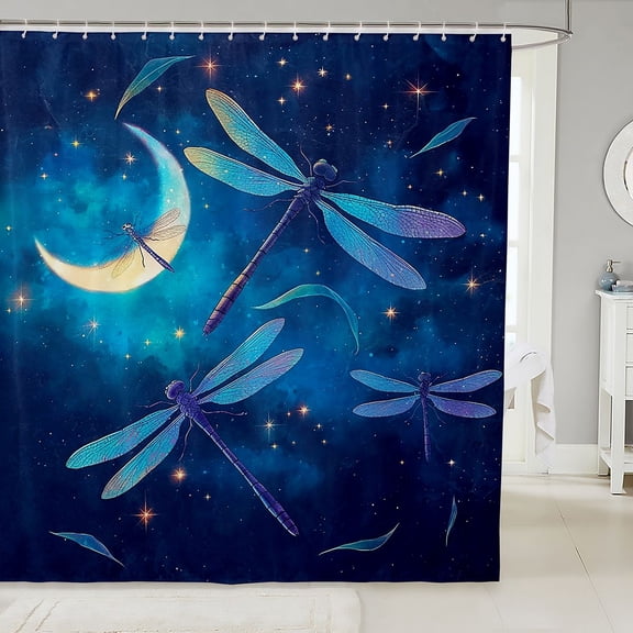 Manfei Cute Dragonflies Shower Curtain 72Wx72L,Dreamy Moon Stars Galaxy Bathroom Curtain,Deep Blue