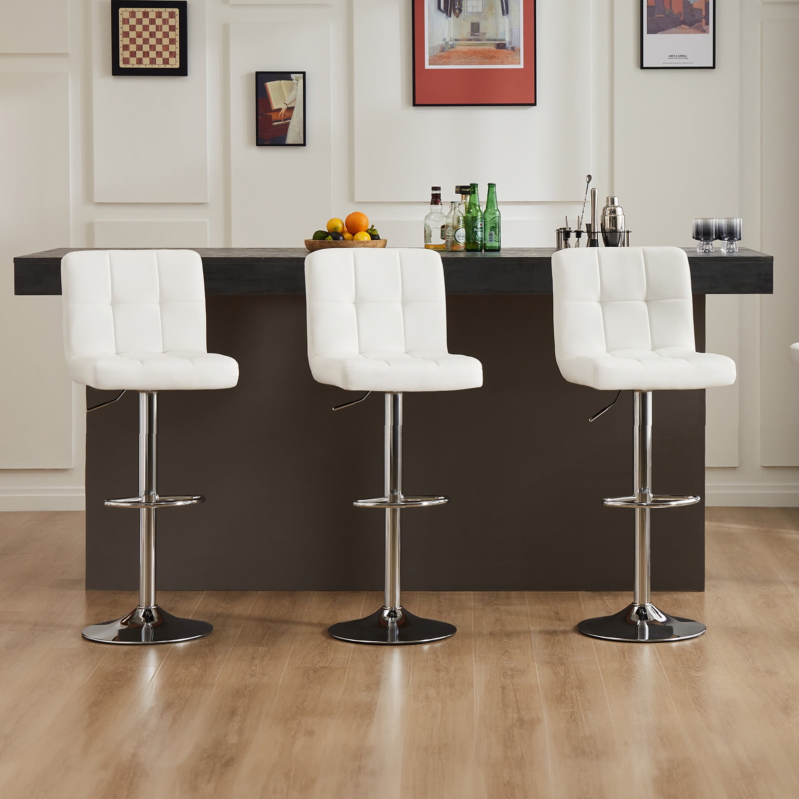 JIOABL Bar Stools Set of 2, Armless Adjustable Swivel Barstools, PU Leather Hydraulic Kitchen Counter Height Bar Stools, Thickened Seat Cushion Square Island Barstools with Back, White