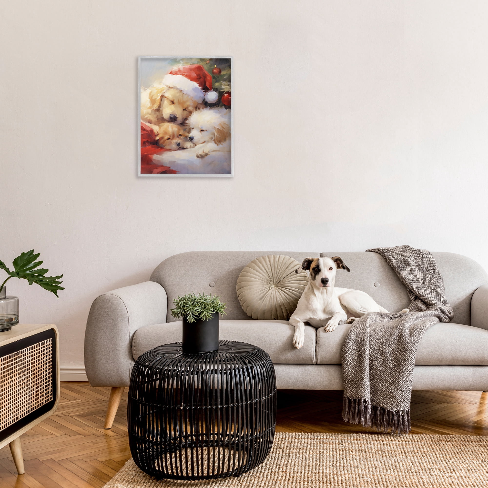 Stupell Industries Christmas Puppies by Tree Holiday Painting Gray Framed Art Print Wall Art, 24 x 30