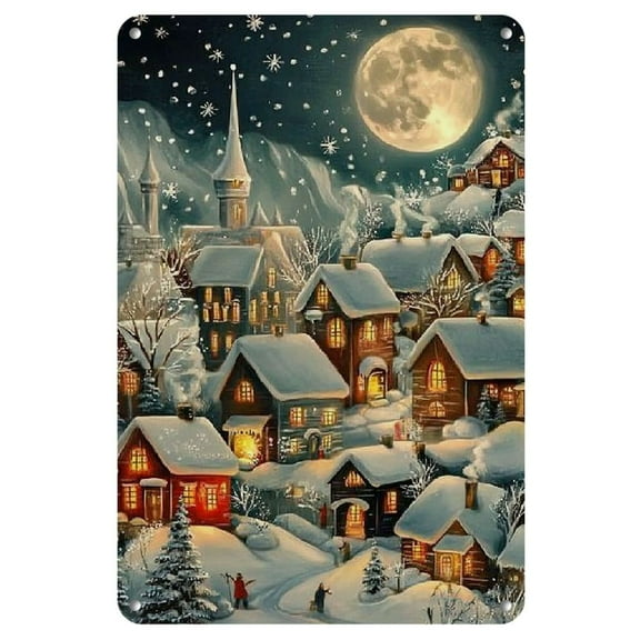 1pc Vintage Christmas Village Scene Iron Metal Tin Sign, 8x12 inches, Festive Wall Art for Home, Office, Bar, Cafe, Library, and Garage Decor