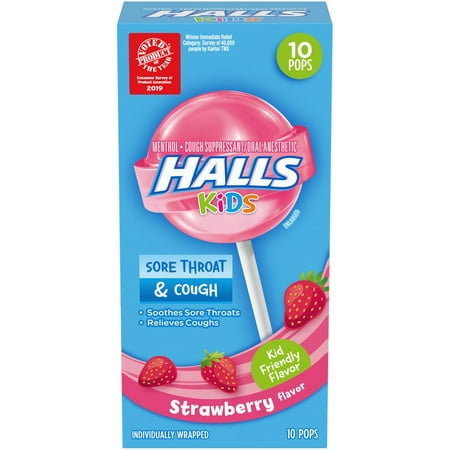 HALLS, Kids Cough & Sore Throat Pops in Strawberry Flavor, 10 Pcs