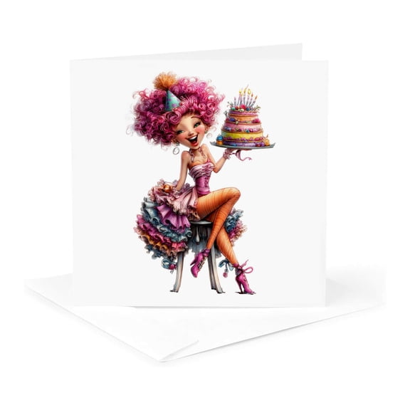 3drose, Cute Happy Pink Haired Birthday Woman with a Cake Illustration, 1 Greeting Card with Envelope