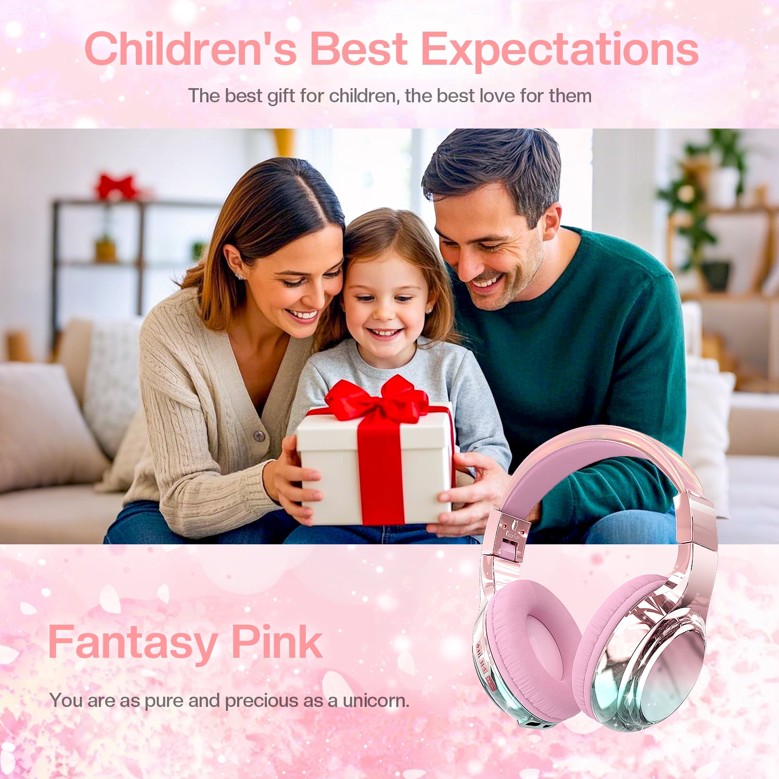 QearFun Bluetooth Headphones for Kids, Wireless Headphones with Built-in Mic, Includes Aux Cord, USB C, 3.5mm Jack, Bluetooth 5.3, On Ear Kids Headphones for School/Travel/Tablet(Pink)