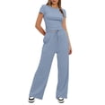 thumbnail image 6 of Two Piece Sets for Women Summer Casual Outfit Sets Solid Color Button Down Round Neck Short Sleeve Tops and Drawstring Wide Leg Pants with Pocket Sets Relaxed Vacation Wear, 6 of 8