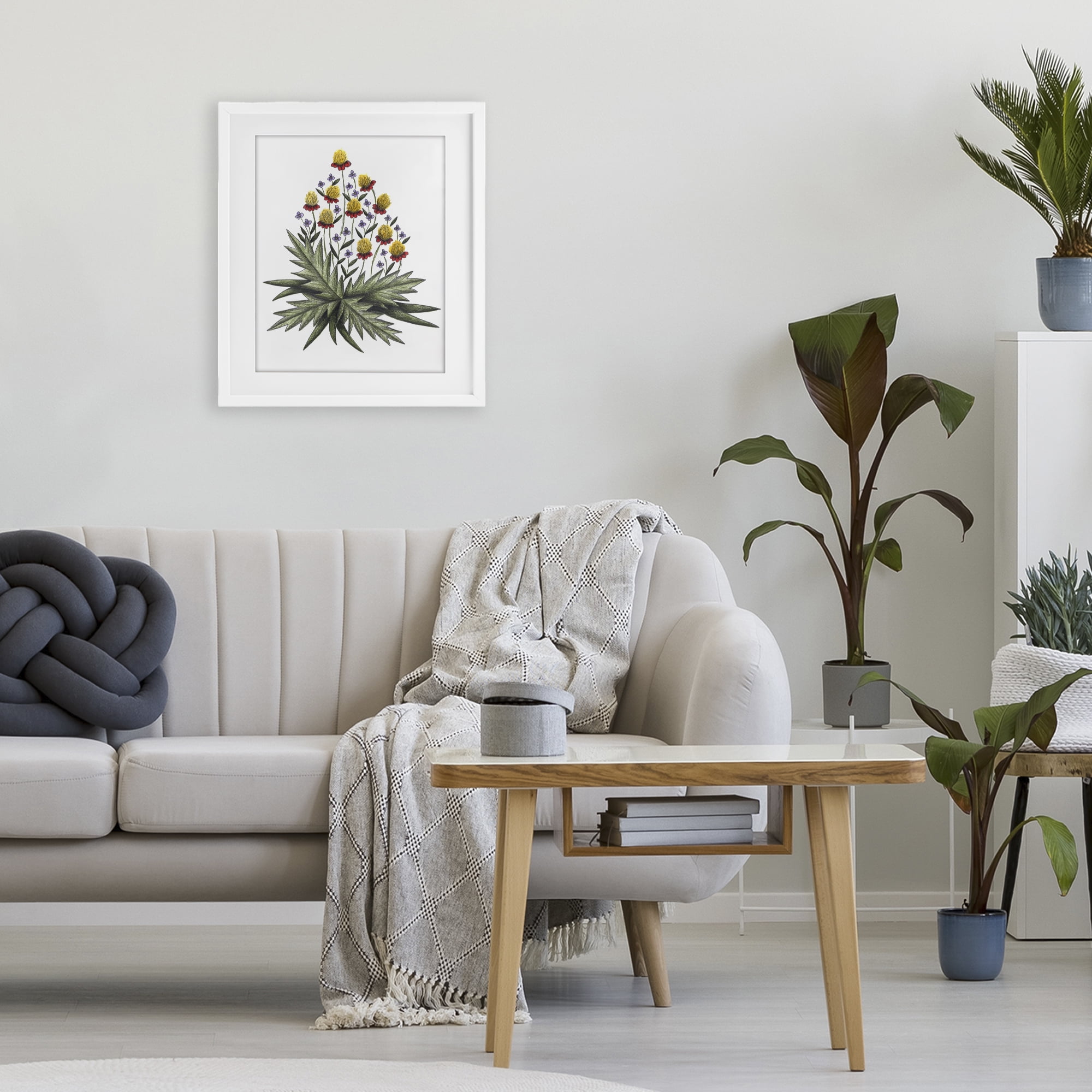 Yellow Leafy Wild Flowers White Framed Print Under Glass, design by Cecilia Battaini