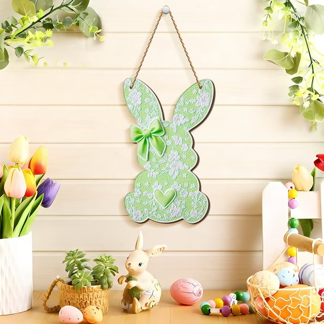 Letrero de madera 2D para puerta y ventana con diseño de conejos, lazos y corazones de Pascua para niña.