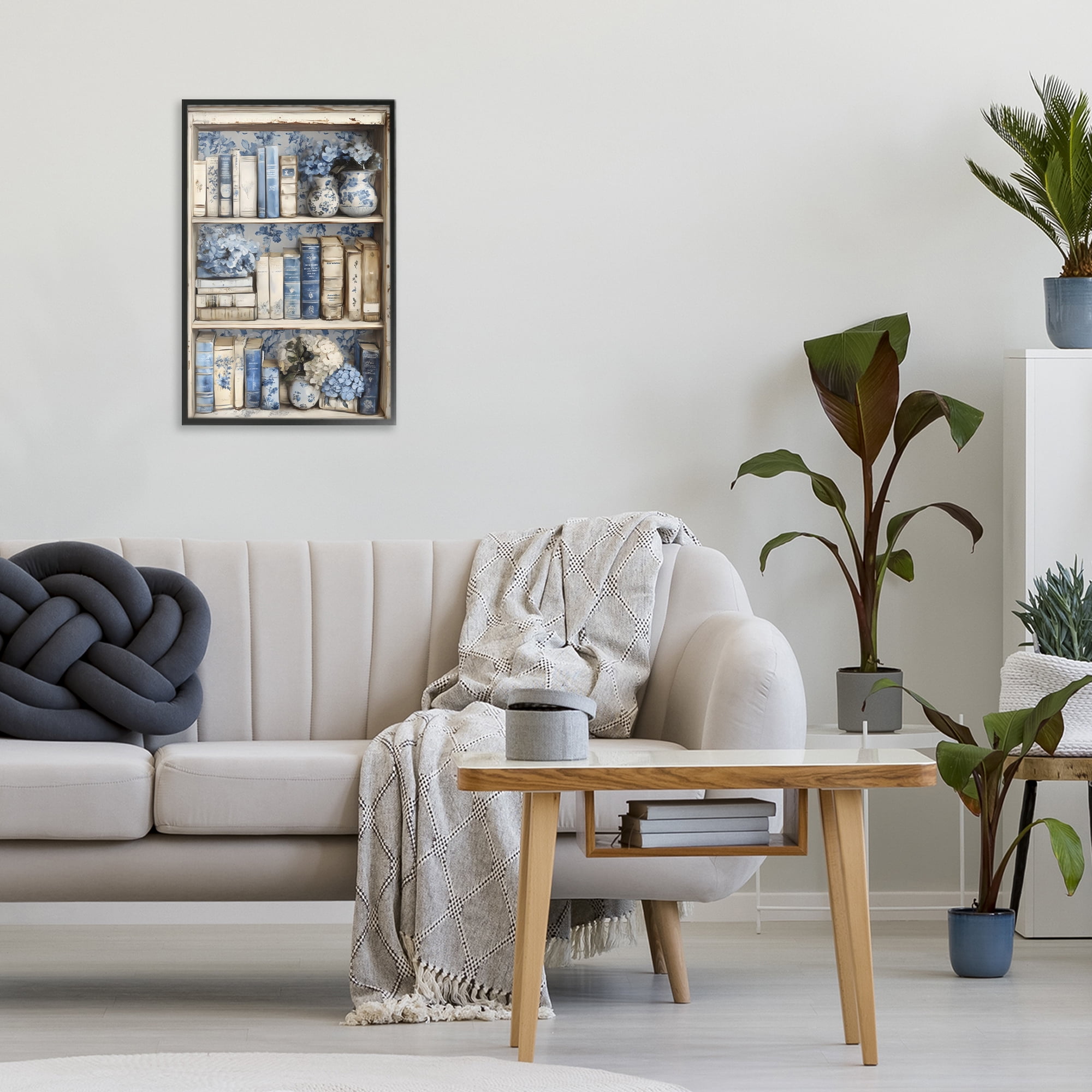 Stupell Industries Blue & Beige Bookcase Black Framed Giclee Art, design by LSR Design Studio