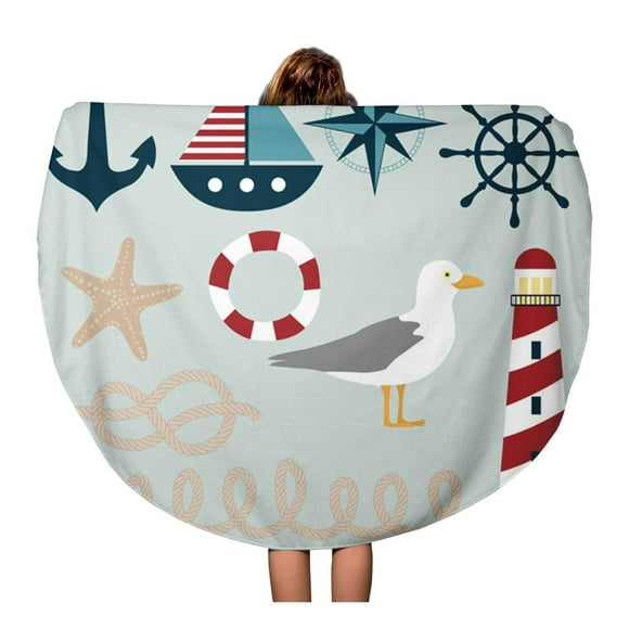 POGLIP 60 inch Round Beach Towel Blanket Sailor Nautical Images Boat Cruise Ship Bunting Seagull Sailboat Travel Circle Circular Towels Mat Tapestry Beach Throw