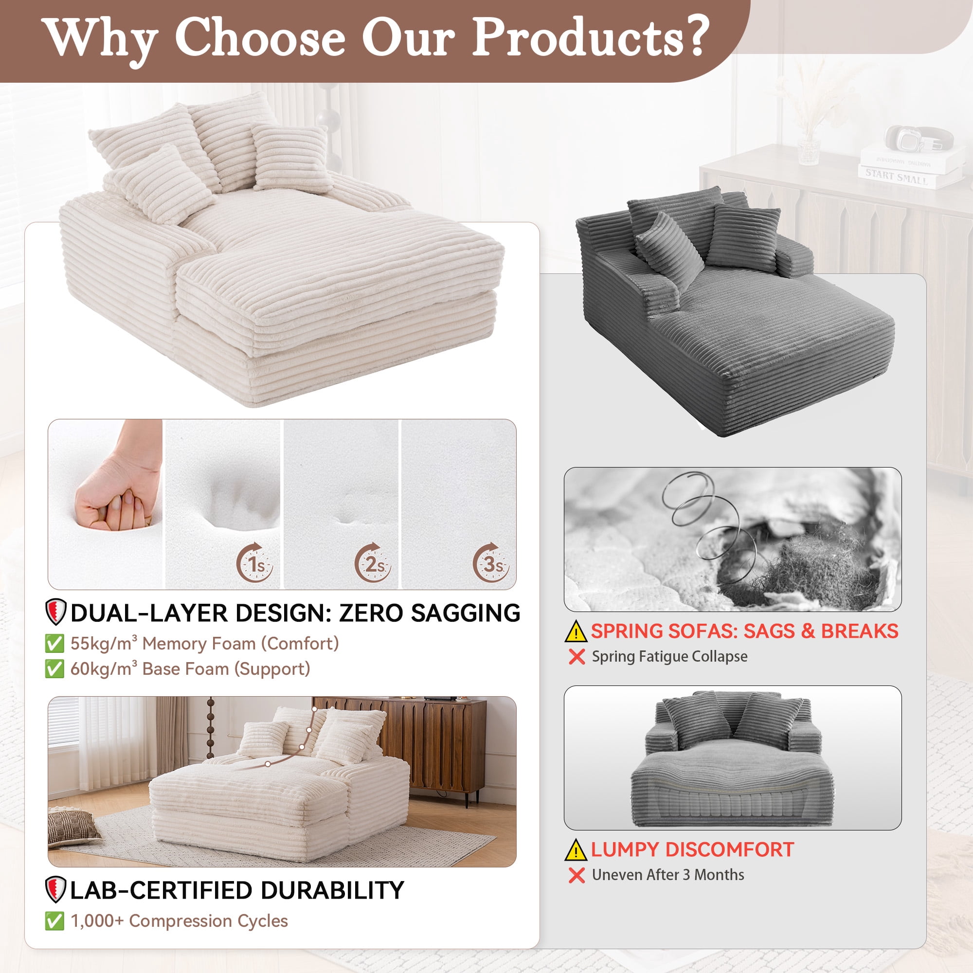 MOONMISS 69in Corduroy Chaise Lounge Sofa Bed with 4 Pillows,No Assembly Chair Bed for Small Space Living Room Apartment,Beige