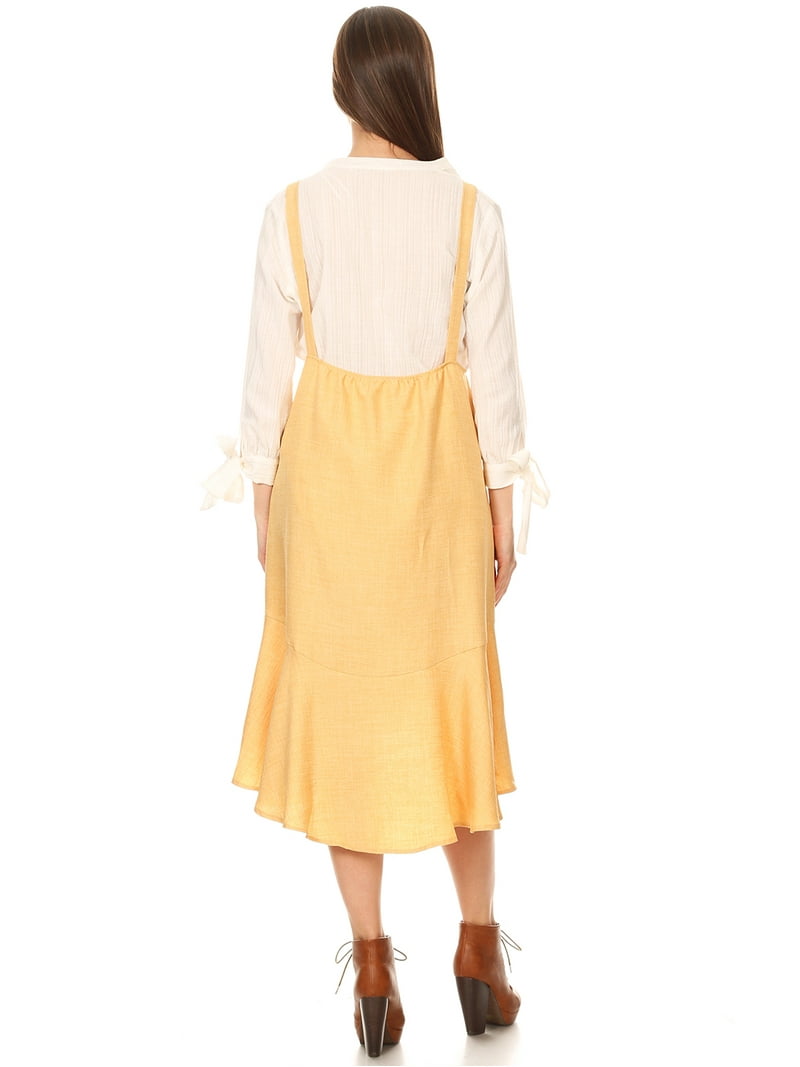 Fashion Women's Button Strap Overall Jumper Pinafore Peplum Hem Midi Dress