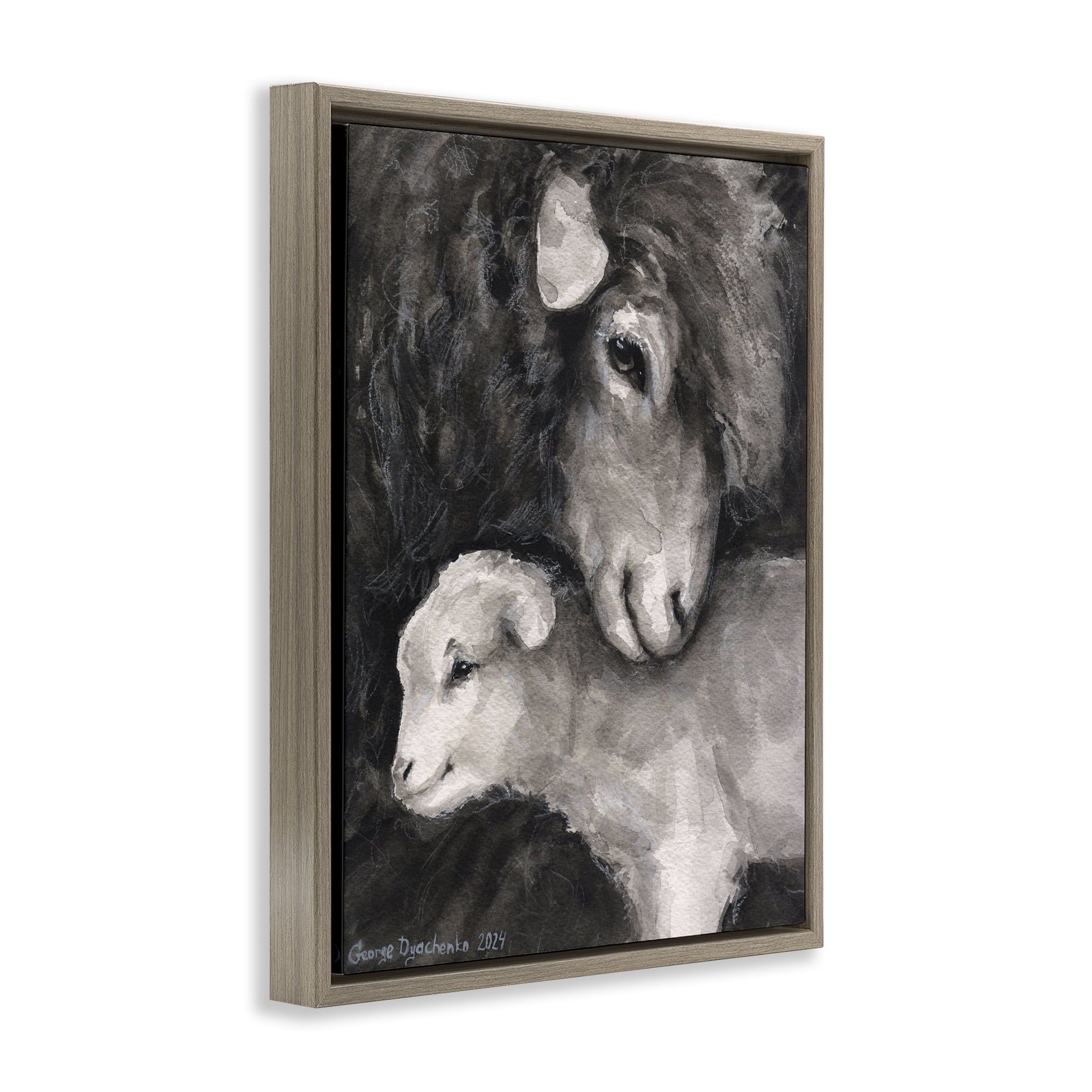Stupell Industries Cuddling Sheep & Lamb Animals Painting Brown Floater Framed Canvas Art Print Wall Art, 17 x 21